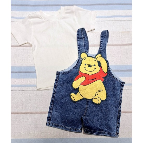 Детски летен дънков гащеризон с бяла тениска с Мечо Пух