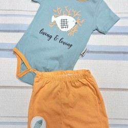 Бебешки летен комплект от 2 бодита и оранжеви къси панталонки