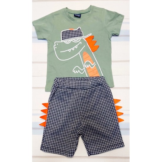 Детски комплект в зелено и каре с Крокодил Детски комплект в зелено и каре с Крокодил