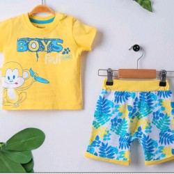 Бебешки комплект в жълто и синьо с маймунка Бебешки комплект в жълто и синьо с маймунка