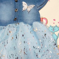 Бебешка дънкова рокля със син тюл и сребристо