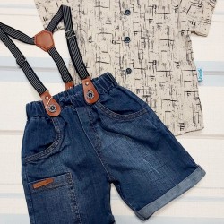 Бебешки комплект с риза и дънкови панталони с тиранти Бебешки комплект с риза и дънкови панталони с тиранти