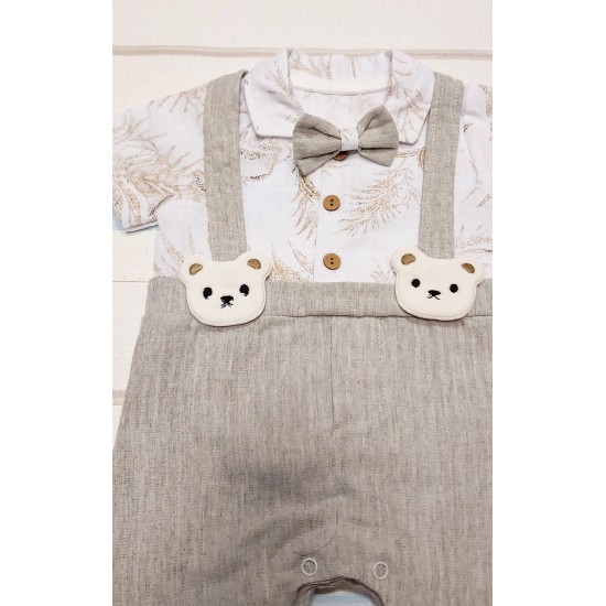 Летен бебешки гащеризон ромпър с папионка и мечета Летен бебешки гащеризон ромпър с папионка и мечета