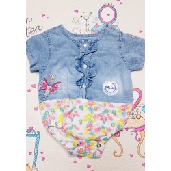 Дънково бебешко боди с бродерия и цветя Дънково бебешко боди с бродерия и цветя