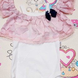 Бебешко боди с розова дантела с лента за коса Бебешко боди с розова дантела с лента за коса