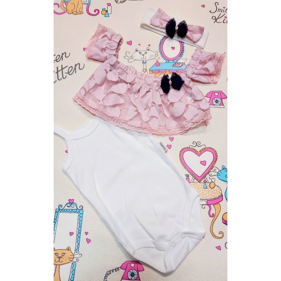 Бебешко боди с розова дантела с лента за коса