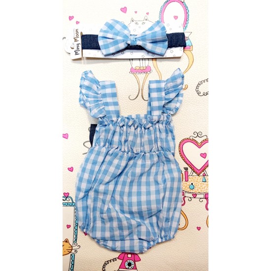 Бебешко боди с лента за коса в синьо и бяло каре