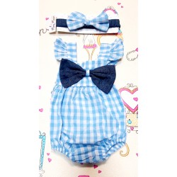 Бебешко боди с лента за коса в синьо и бяло каре