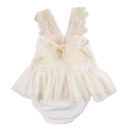 Бебешка лятна боди рокля от плетиво и тюл в бежово