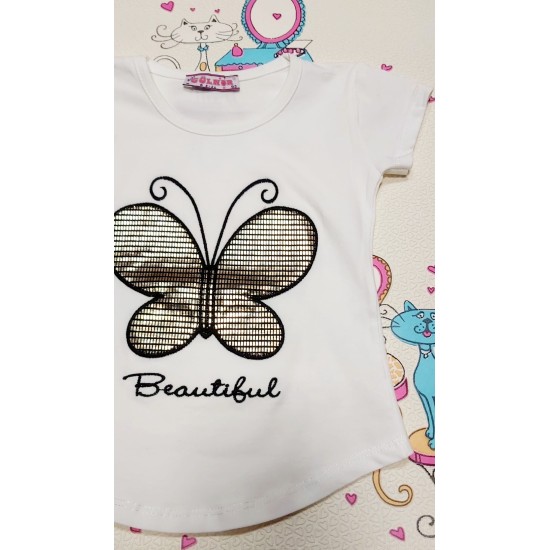 Детска тениска в екрю със златиста пеперуда