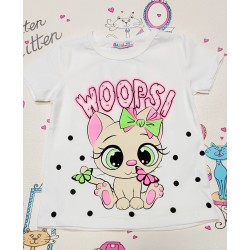 Бяла детска тениска на точки с коте