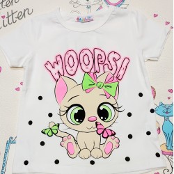 Бяла детска тениска на точки с коте Бяла детска тениска на точки с коте