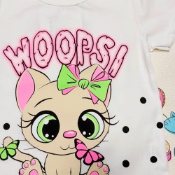 Бяла детска тениска на точки с коте