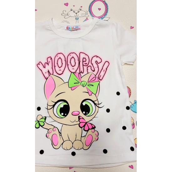 Бяла детска тениска на точки с коте