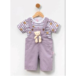 Детски летен гащеризон с блуза в лилаво с играчка мече Детски летен гащеризон с блуза в лилаво с играчка мече