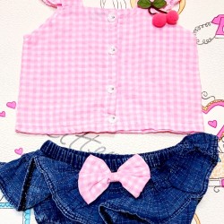 Бебешки комплект в розово и деним с черешки
