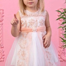 Официална детска рокля в бяло и праскова с тюл
