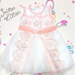 Официална детска рокля в бяло и праскова с тюл Официална детска рокля в бяло и праскова с тюл