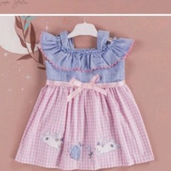Детска рокля в синьо и розово каре  Зайчета