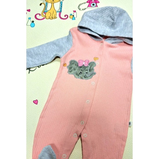Бебешки гащеризон в розово и сиво с качулка Слонче Бебешки гащеризон в розово и сиво с качулка Слонче