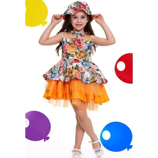Детска рокля с тюл в оранжево с цветя с шапка Детска рокля с тюл в оранжево с цветя с шапка