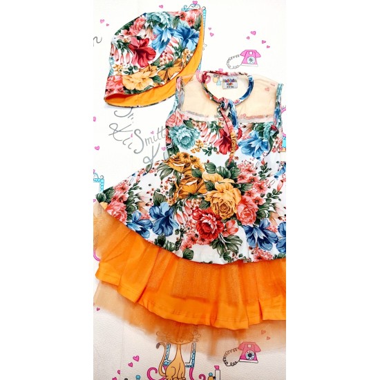 Детска рокля с тюл в оранжево с цветя с шапка Детска рокля с тюл в оранжево с цветя с шапка
