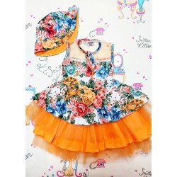 Детска рокля с тюл в оранжево с цветя с шапка Детска рокля с тюл в оранжево с цветя с шапка