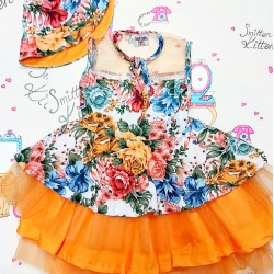 Детска рокля с тюл в оранжево с цветя с шапка Детска рокля с тюл в оранжево с цветя с шапка