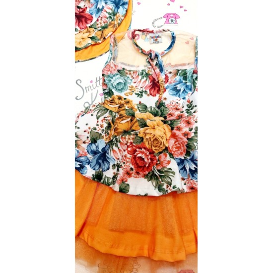 Детска рокля с тюл в оранжево с цветя с шапка Детска рокля с тюл в оранжево с цветя с шапка