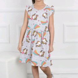 Сива детска рокля с Еднорози и дъги Сива детска рокля с Еднорози и дъги