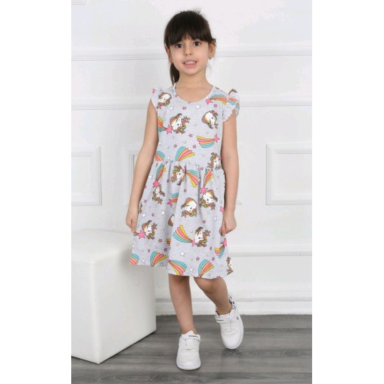 Сива детска рокля с Еднорози и дъги Сива детска рокля с Еднорози и дъги