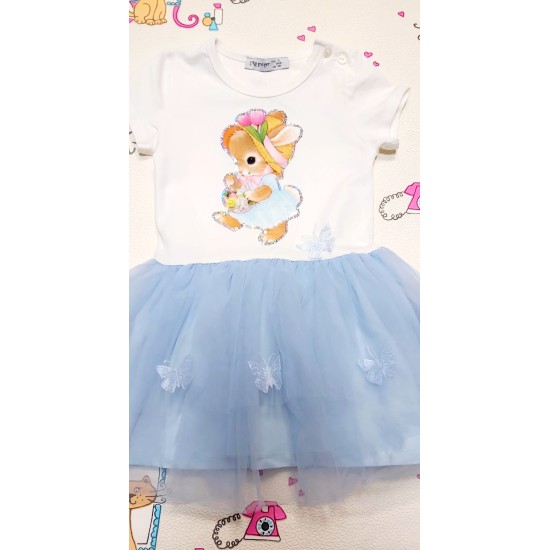 Детска рокля със син тюл и Зайче