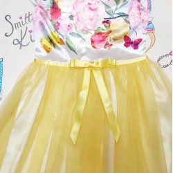 Официална детска рокля с жълт тюл и цветя  Елизабет