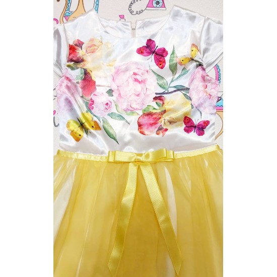 Официална детска рокля с жълт тюл и цветя ,,Елизабет