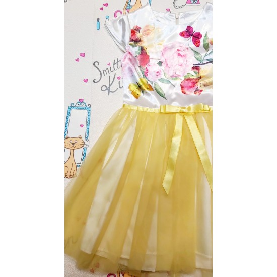 Официална детска рокля с жълт тюл и цветя ,,Елизабет