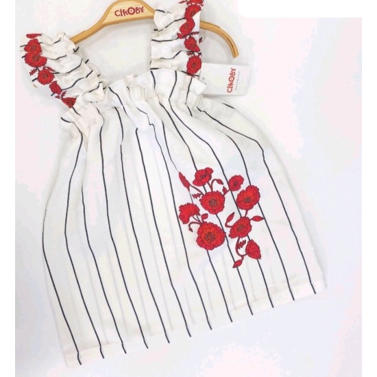 Детска рокля в бяло райе с цветя Вивиан Детска рокля в бяло райе с цветя Вивиан