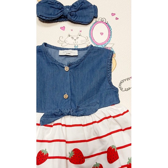 Детска рокля с лента за коса Ягодки Детска рокля с лента за коса Ягодки
