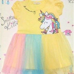 Жълта детска рокля с тюл и Еднорог Жълта детска рокля с тюл и Еднорог