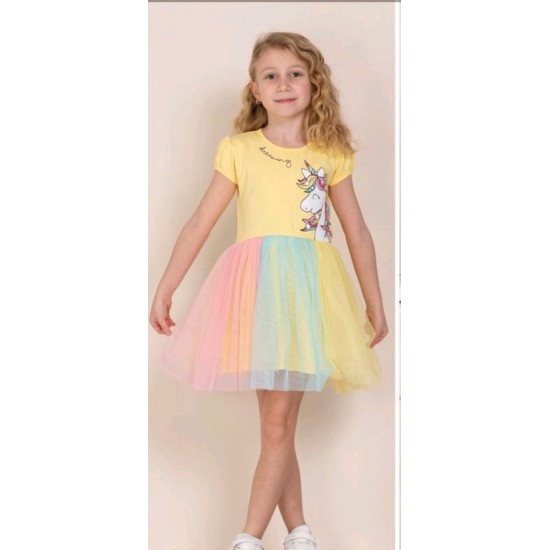 Жълта детска рокля с тюл и Еднорог Жълта детска рокля с тюл и Еднорог