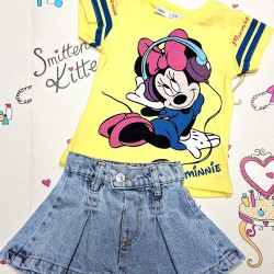 Детски летен комплект с дънкова пола и жълта тениска с Мини Маус