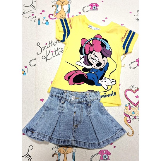 Детски летен комплект с дънкова пола и жълта тениска с Мини Маус