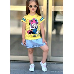 Детски летен комплект с дънкова пола и жълта тениска с Мини Маус