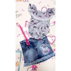 Бебешки комплект с боди и дънкова пола с тиранти Бебешки комплект с боди и дънкова пола с тиранти