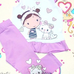 Комплект за момиче в бяло и лилаво Диди с котенце Комплект за момиче в бяло и лилаво Диди с котенце