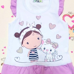 Комплект за момиче в бяло и лилаво  Диди с котенце