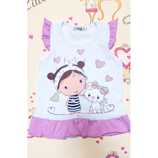 Комплект за момиче в бяло и лилаво ,,Диди с котенце