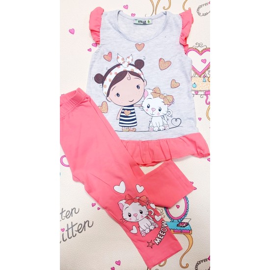 Детски комплект в сиво и корал  Диди с котенце