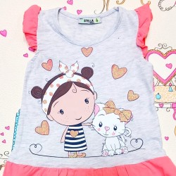 Детски комплект в сиво и корал  Диди с котенце