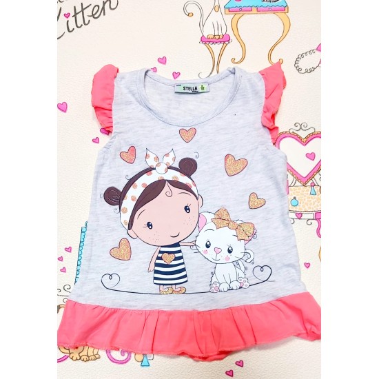 Детски комплект в сиво и корал  Диди с котенце