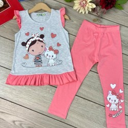 Детски комплект в сиво и корал  Диди с котенце